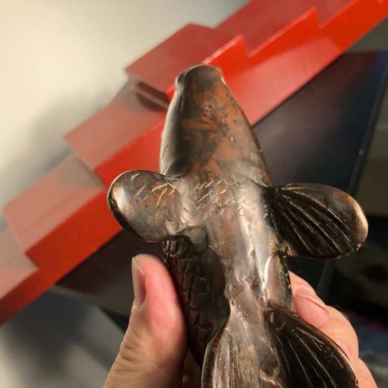 Big Old Japan Large Hand Cast Bronze Koi Fish Fortune & Fine Details