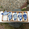 Blue and white fish condiment plates