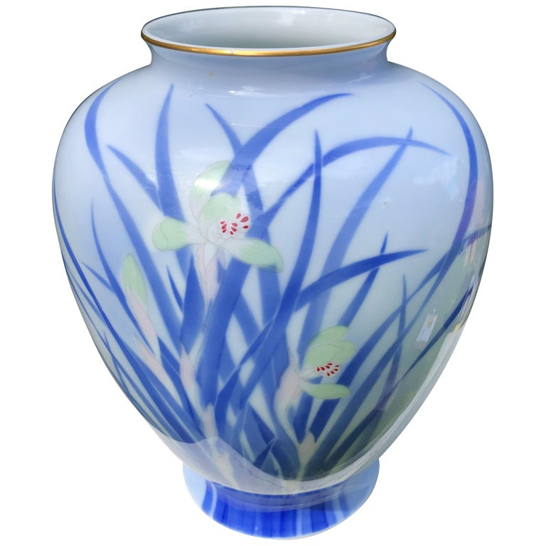 Vintage MCI Japan Porcelain Crackle Vase with Iris Design