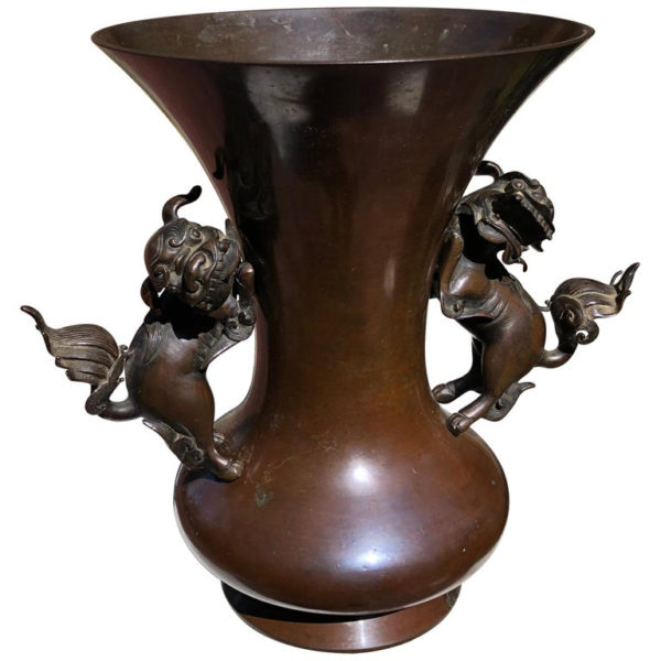 Big Bronze "Lion Guardian Handles" Flower Vase Dramatic Beauty