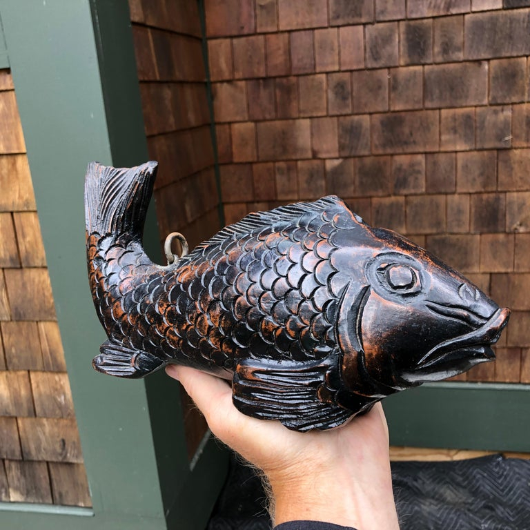 Japanese Antique Hand Carved Wood Koi Good Fortune Fish, Sassy