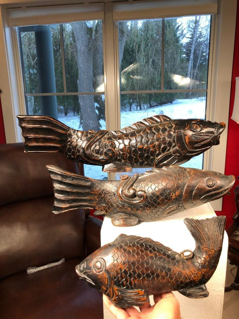 Japanese Trio Three Antique Hand Carved Wood Koi Good Fortune Fish 