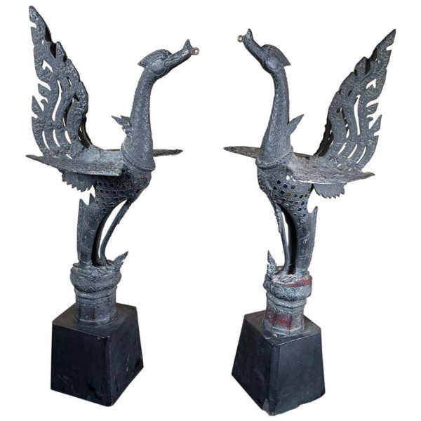 Elegant Pair Antique Bronze Soaring Birds "Hong"