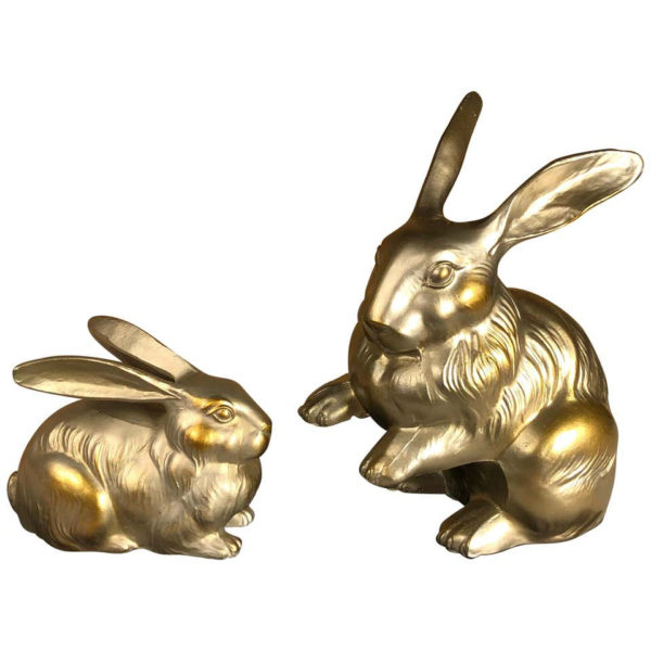 Pair Big Hand Cast Silver Gold Playful Rabbits