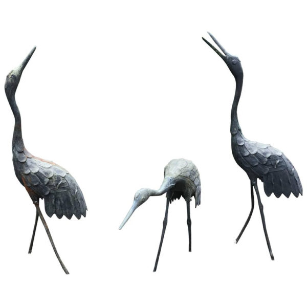 apan Three Antique Hand Cast Bronze Cranes Beautiful Head & Feather Details