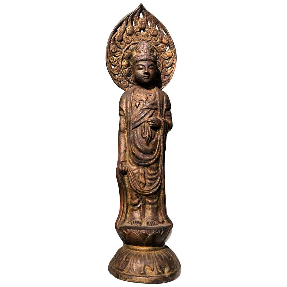 Japan Serene Faced Cast Gold Gilt Bronze Standing Buddha Guan Yin 