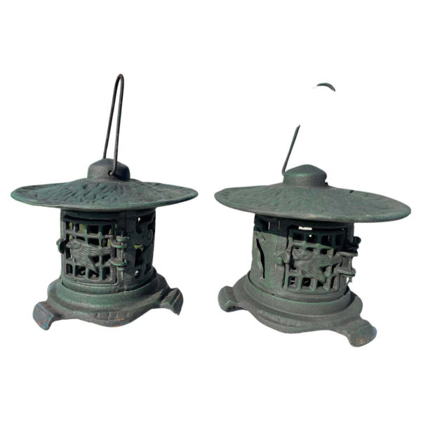 Japanese Pair Old Gold Finch and Bamboo Flower Garden Lanterns