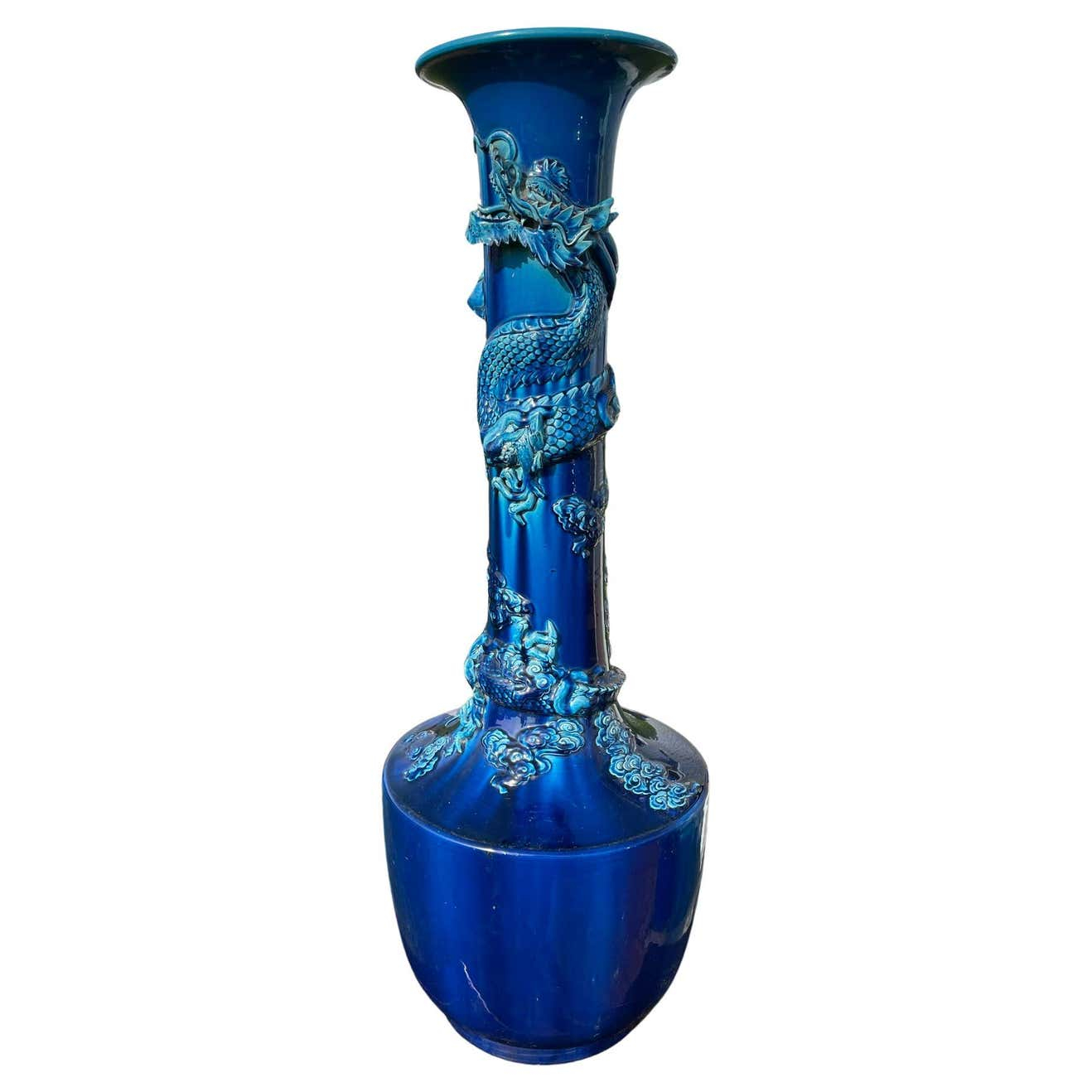 Japanese Antique Brilliant Colors 37 Blue Dragon Vase - Schneible Fine  Arts LLC
