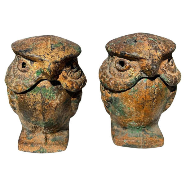 Japanese Pair Antique Gilt Standing Owl Lanterns