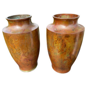 Japanese Pair Tall Brilliant Colors Murashido Bronze Red Vases, Signed
