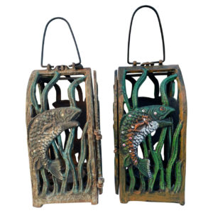 Japanese Pair Old Vintage Jumping Fish Lanterns