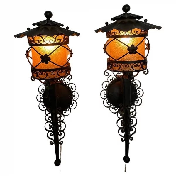 Pair Fancy Mid Century Modern Hand Wrought "Pagoda Roof" Lighting Sconces