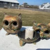 Japanese Large Pair Cast Gilt "Owl" Lanterns, Signed Japan