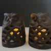 Japanese Petite Pair Antique Owls Tealight Lighting Lanterns