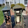 Japanese Old Pair Blue and Green "Lotus, Frogs, Lilly Pads" Lighting Lanterns