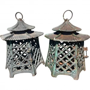 Japanese Antique Pair Double Pagoda Lighting Lanterns