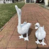 Japanese Pair Old White Hand Cast Garden Ducks