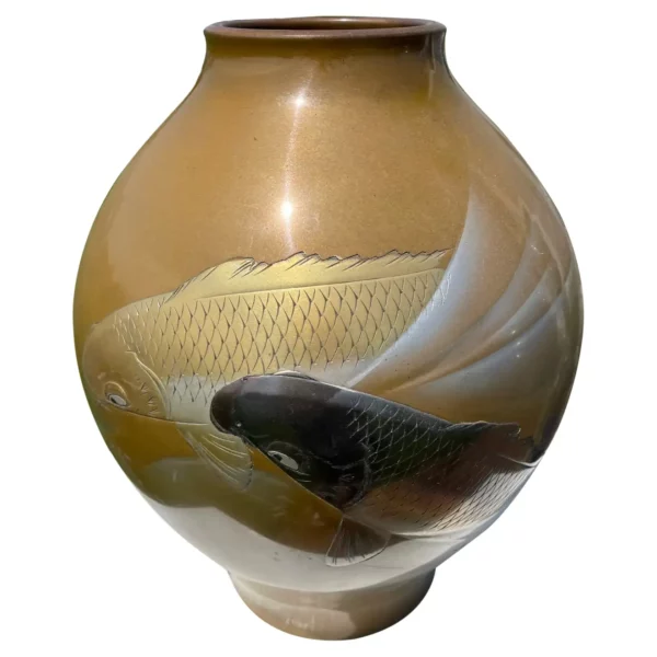 Japanese "Double Koi" Hand Cast Bronze Vase, Mint