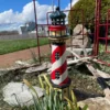 Tall Old Light House Lantern Hand Painted Red, White, And Blue