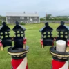 Tall Pair Old Light House Lanterns Original Paint Red, White, and Blue