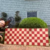 Japanese Vintage Red And White Checkerboard Painted Small 2 Panel Screen