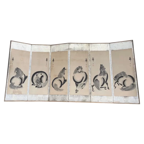 Japanese Fine Antique Sumi Ink and Silver Screen, 6 Horses
