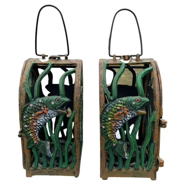 Japan Pair Old Vibrant Color "Jumping Trout" Lanterns, Mint Condition