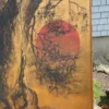 Japanese Antique Red Moon Hand Painted 2 Panel Screen