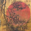 Japanese Antique Red Moon Hand Painted 2 Panel Screen