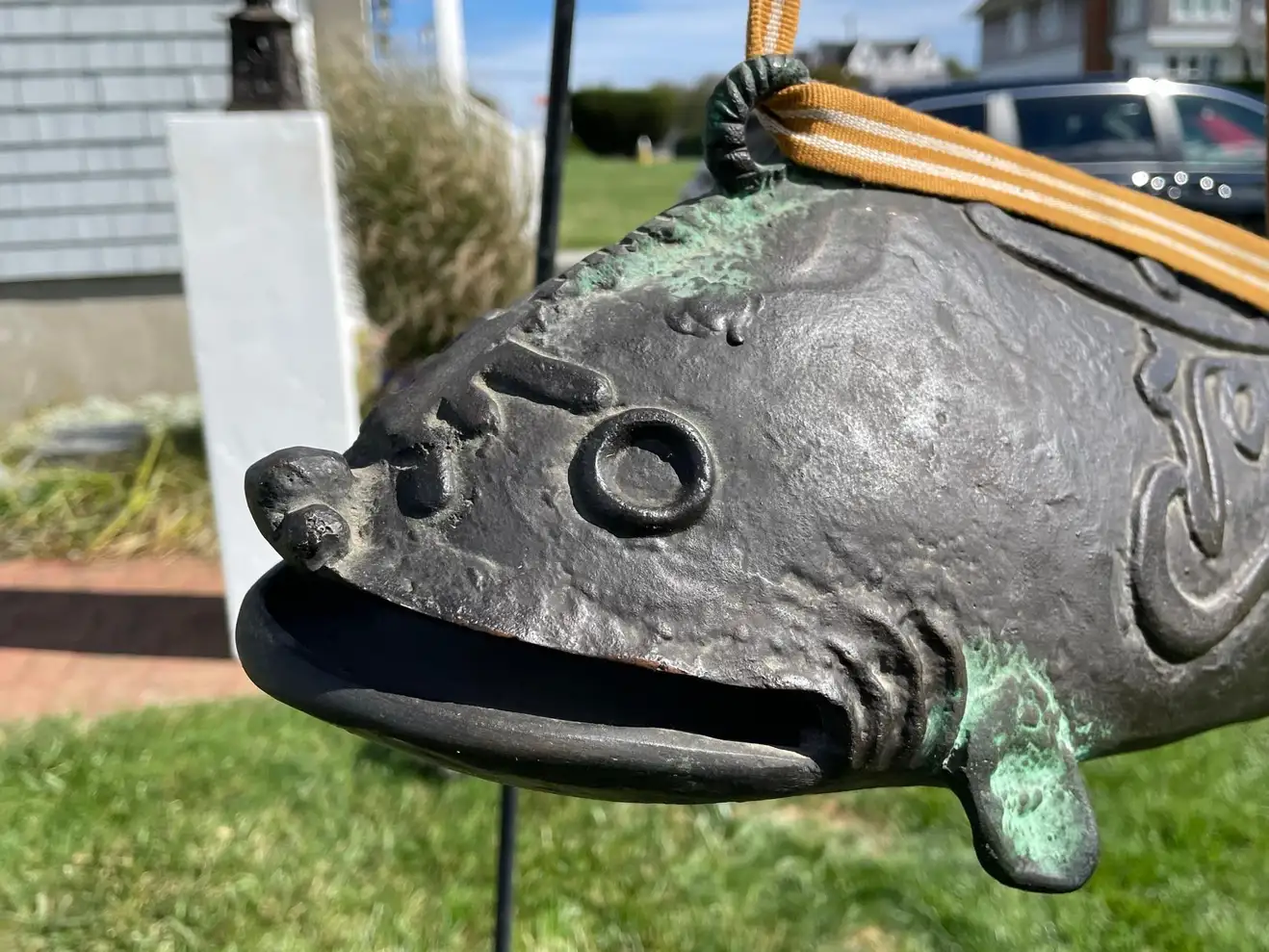 Japanese Huge Antique Cast Bronze Fish Bell Gong with Hardwood Striker,  25h - Schneible Fine Arts LLC