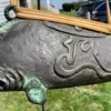 Japanese Huge Antique Cast Bronze Fish Bell Gong with Hardwood Striker