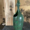 Japanese Unusual Bronze Mating Double Cranes Bud Vase, Signed Box