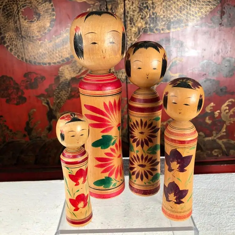 Japan Family Four Big Old Hand Painted Kokeshi Dolls, Signed