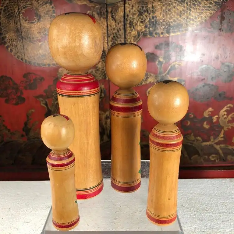 Japan Family Four Big Old Hand Painted Kokeshi Dolls, Signed