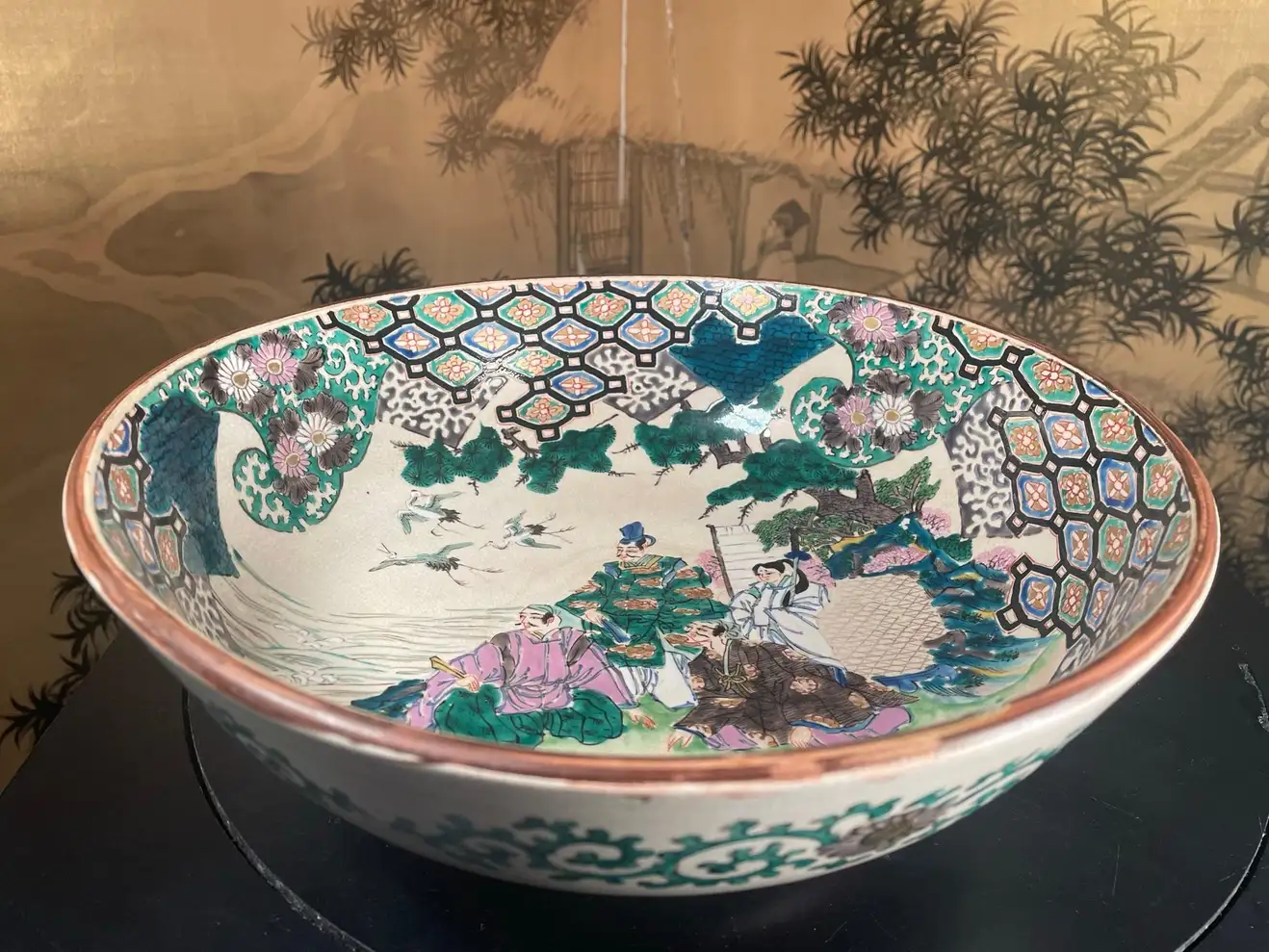 Japan Large Antique Hand Painted Kutani Garden Bowl, Brilliant Colors