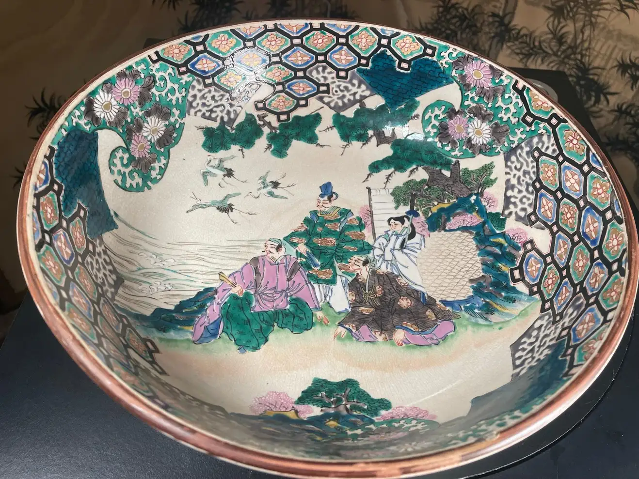 Japan Large Antique Hand Painted Kutani Garden Bowl, Brilliant Colors