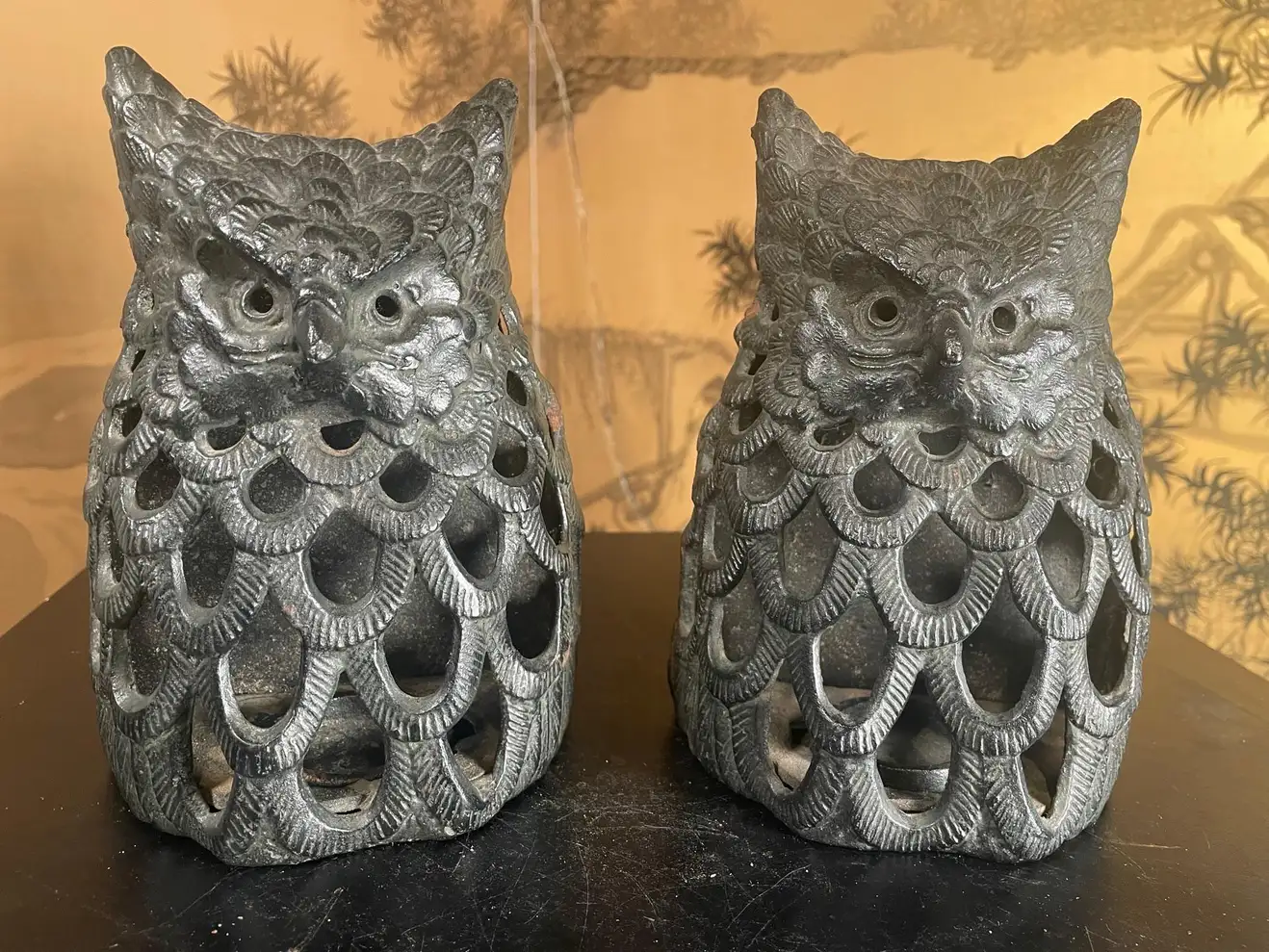 Japanese Rare Old Pair Hand Cast Owl Wall Sconce Lanterns