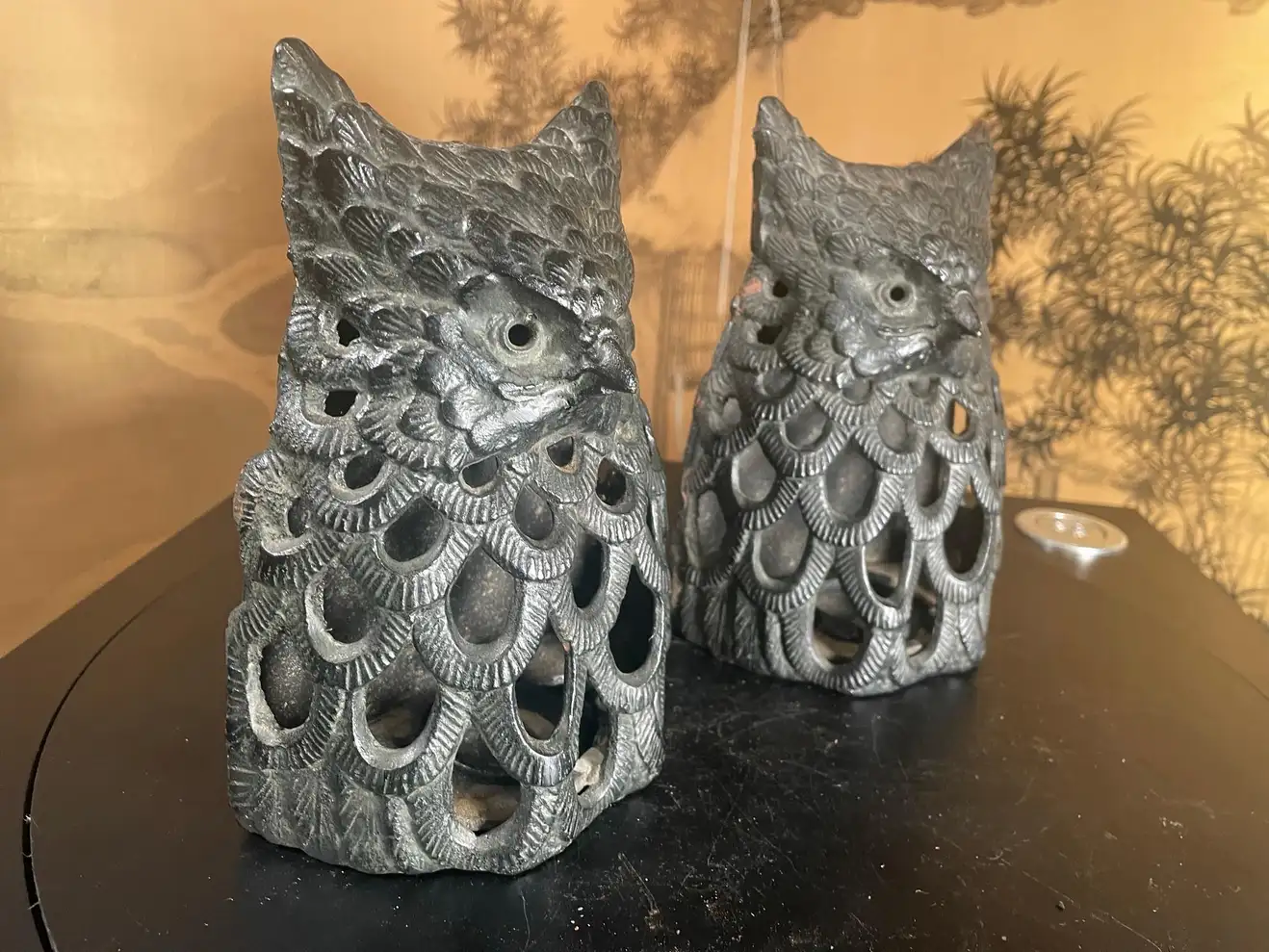 Japanese Rare Old Pair Hand Cast Owl Wall Sconce Lanterns