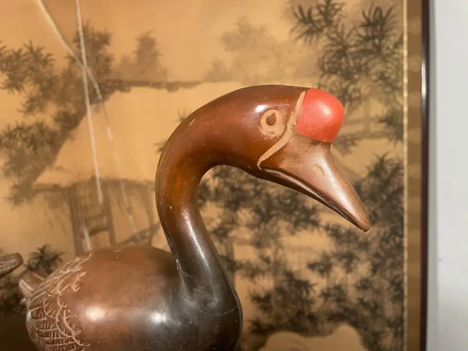 Japan Large Antique Cast Bronze Pair Red Knob Garden Geese- Beautiful Details