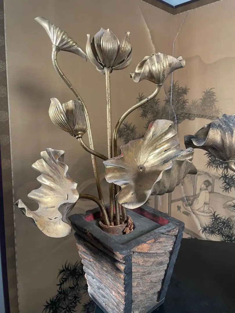Japanese Rare Antique Pair Temple Gilt Lotus Flower Bouquets, Edo Period 19thc