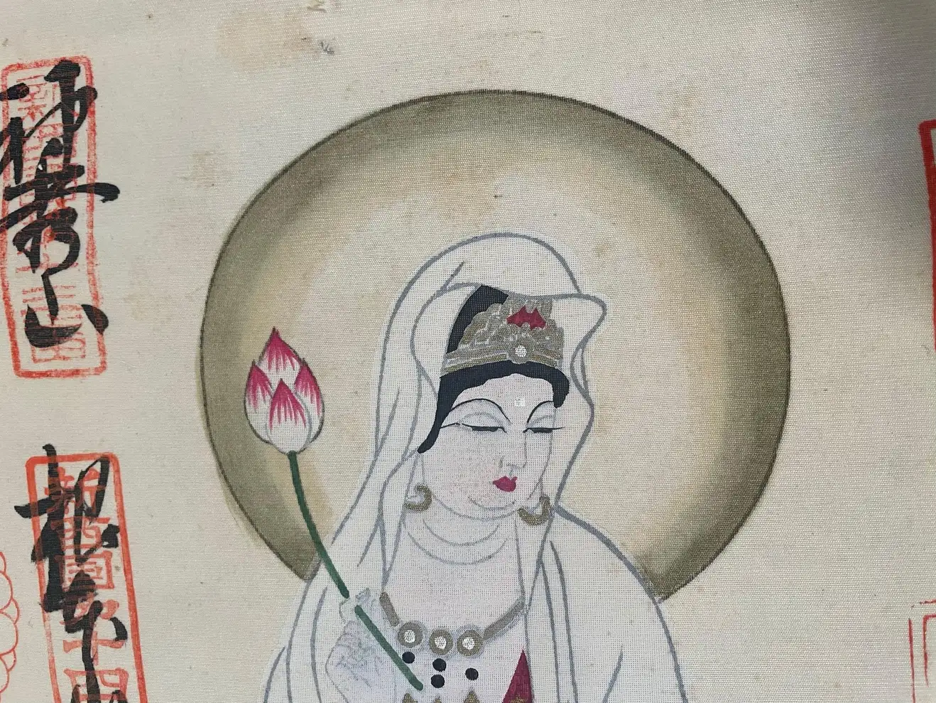 Japanese Brilliant Colors White Kanon Guanyin Buddha Pilgrimage Silk Scroll