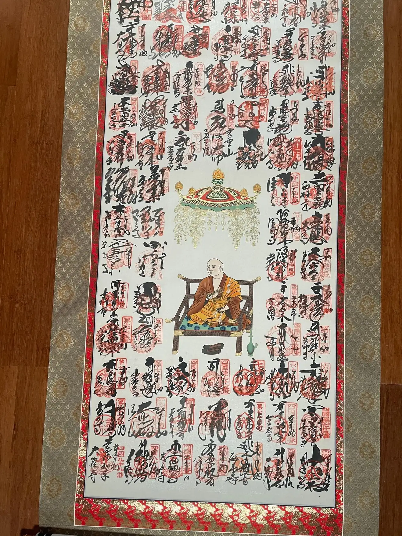 Japanese Pilgrimage Silk Scroll Lohan Buddha Brilliant Colors