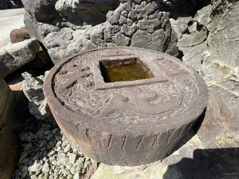 Japanese Unusual Big Old Coin Motif Stone Water Basin Planter Tsukubai