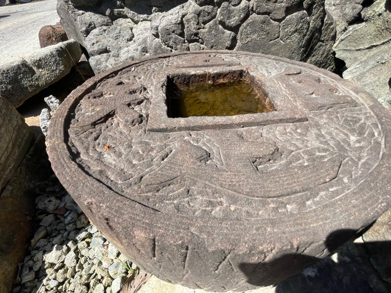 Japanese Unusual Big Old Coin Motif Stone Water Basin Planter Tsukubai