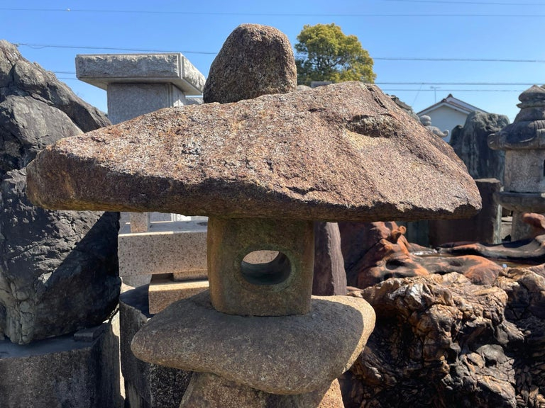 Japanese Antique Red Kurama Granite Stone Spirit Lantern, One-of-a-Kind