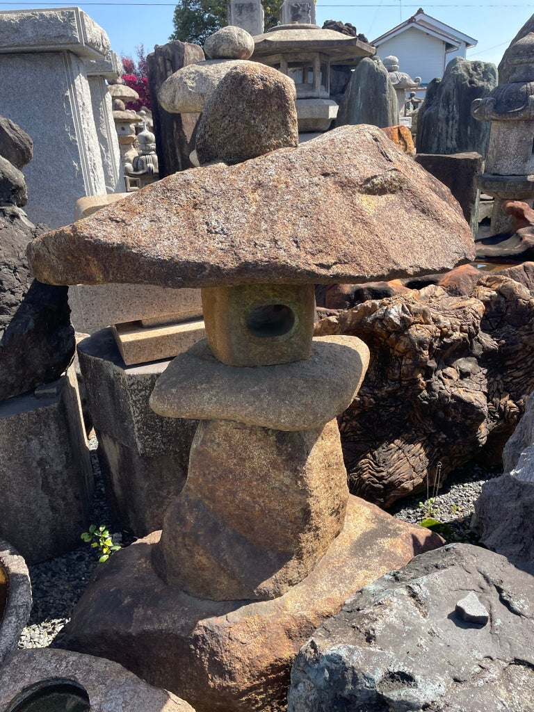Japanese Antique Red Kurama Granite Stone Spirit Lantern, One-of-a-Kind