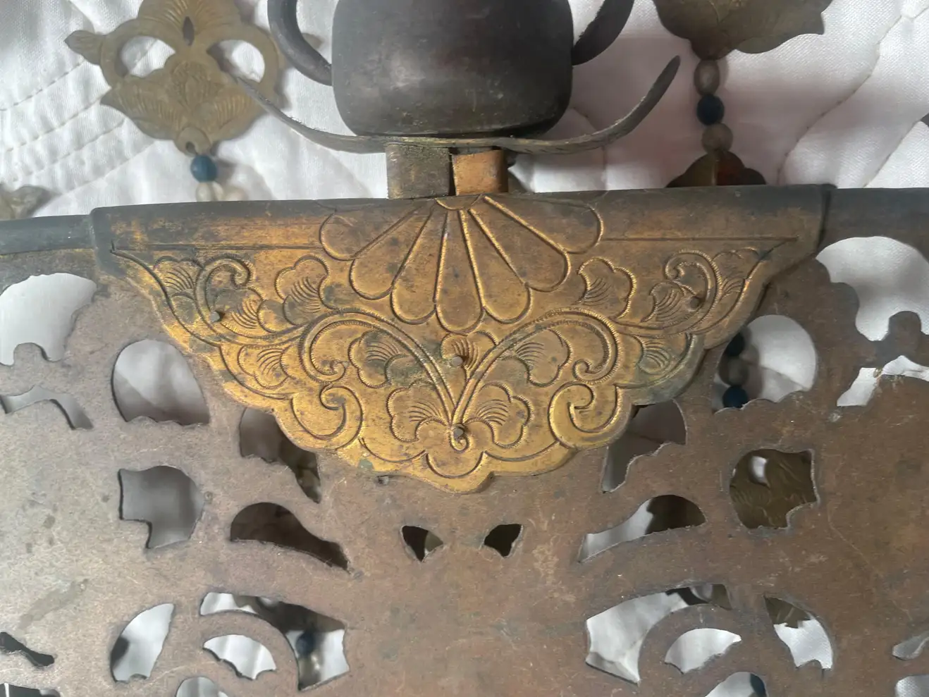Japan Antique Gilt Bronze Lotus Flower Ornament Keman, Complete 19th Century