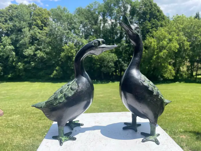 Want more images or videos? Request additional images or videos from the seller Contact Seller Japan Large Antique Cast Ebony Pair Garden Ducks, Beautiful Details For Sale 19 of 20 Japan Large Antique Cast Ebony Pair Garden Ducks, Beautiful Details