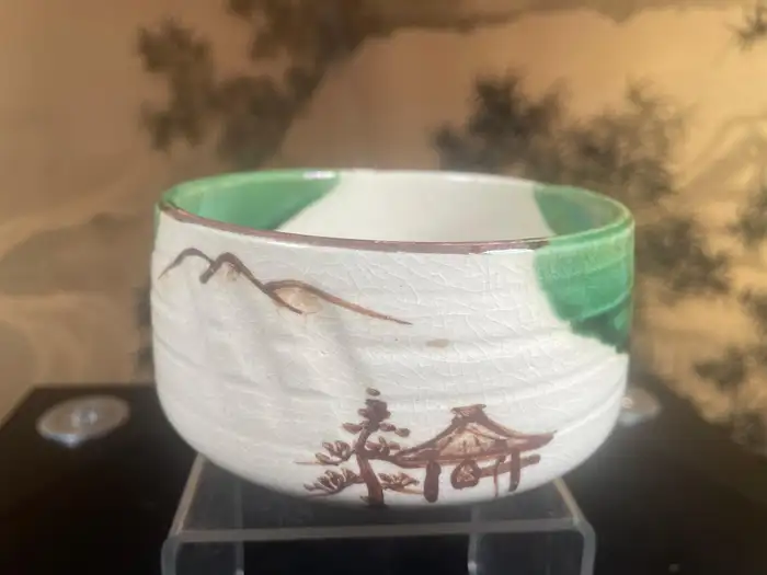 Japanese Fine Mountains And Pagoda Oribe Tea Bowl, Hand-Built & Hand Glazed