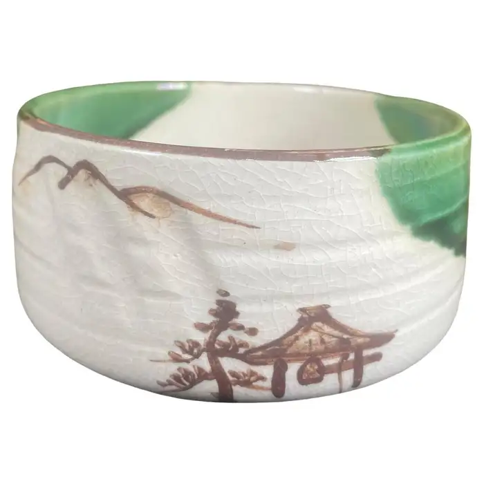 Japanese Fine Mountains And Pagoda Oribe Tea Bowl, Hand-Built & Hand Glazed